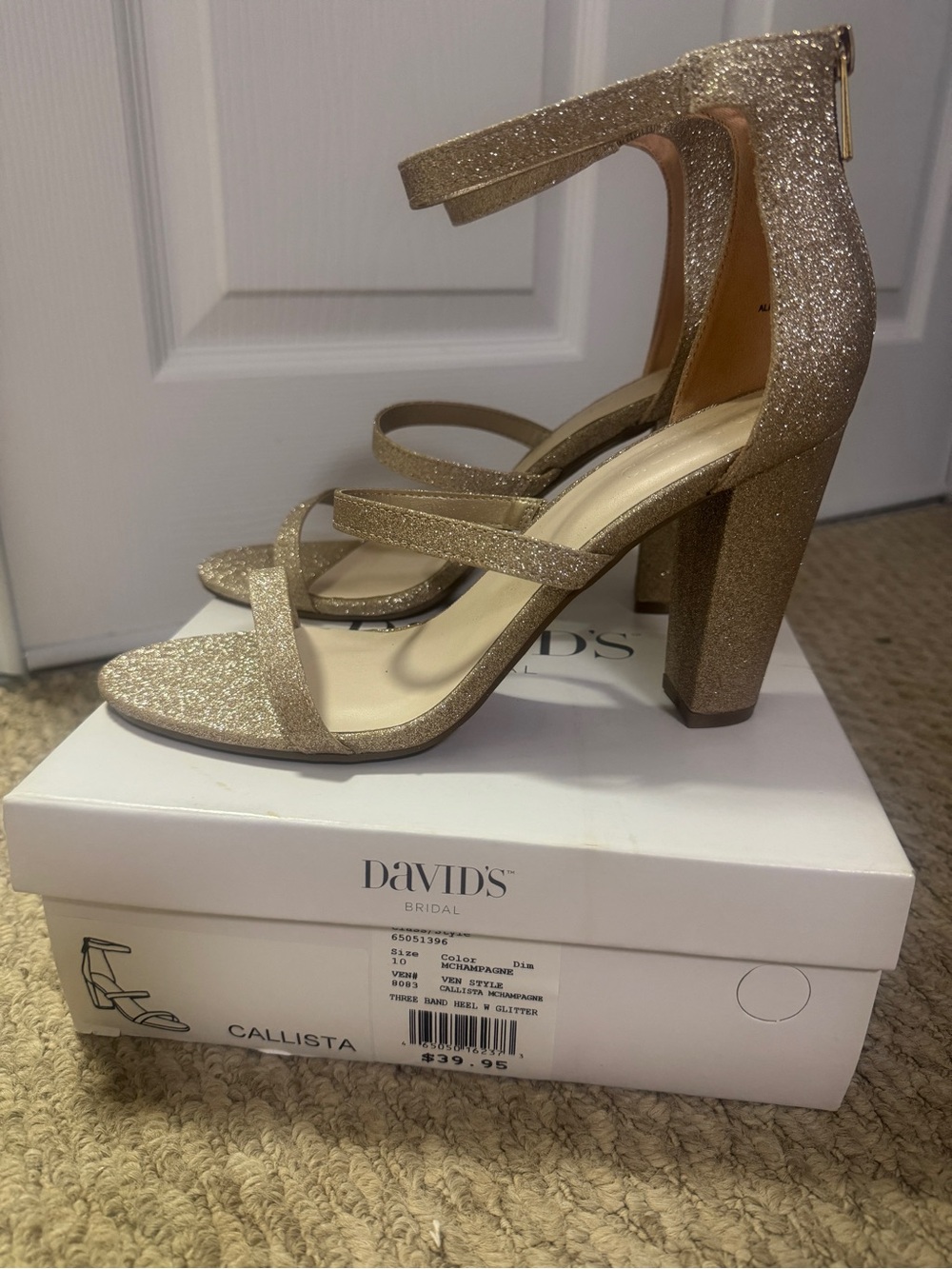 David's Bridal Callista Glitter Block Heel Sandal in Gold